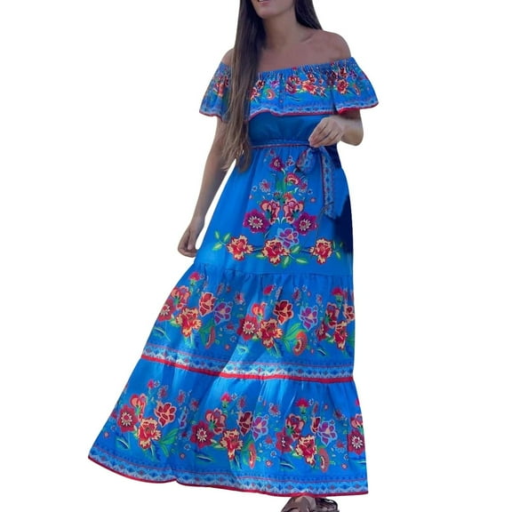 Icvfdpl Women'S Casual Dresses Spring Summer One Shoulder Red Flower Print Long Swing Sundress Hawaiian Island Female Streetwear