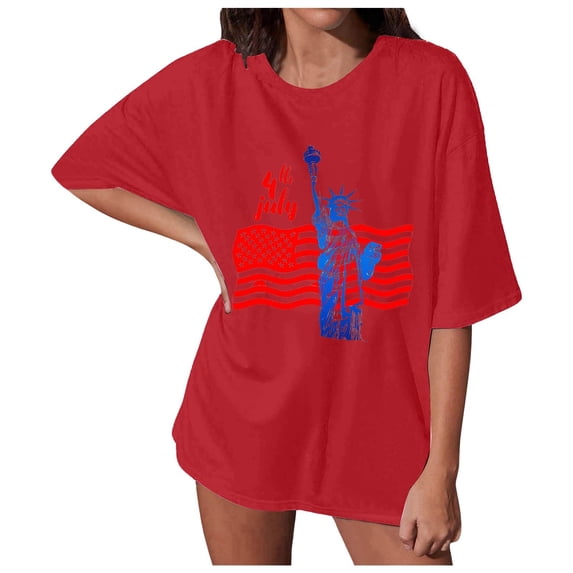 Icvfdpl Women'S Fashion Casual America July 54Th Anniversary Flag Printed Round Neck Short Sleeve Loose Top T Shirt Stylish Female Daily Wear