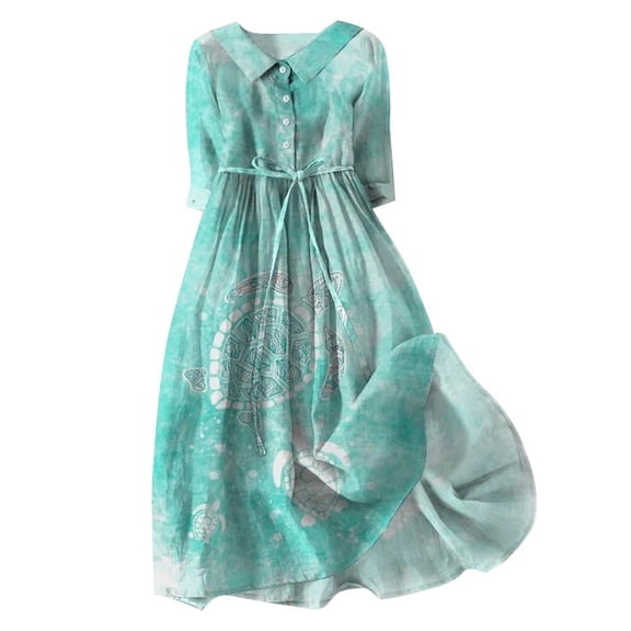 Icvfdpl Women'S Summer Casual Dresses 2024 3D Temperament 3/4 Sleeve Skirt Gorgeous Floral Mid Length Flip Shirt Boho Female Comfortable Clothing