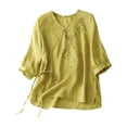 thumbnail image 1 of Icvfdpl Women'S Summer Linen V Neck Embroidered T Shirt Vintage Asymmetrical Placket Pullover Thin Loose Fit Blouse With Short Sleeves, 1 of 5