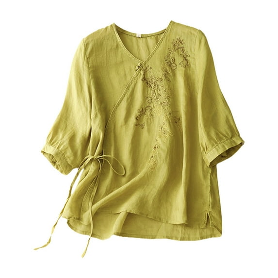 Icvfdpl Women'S Summer Linen V Neck Embroidered T Shirt Vintage Asymmetrical Placket Pullover Thin Loose Fit Blouse With Short Sleeves