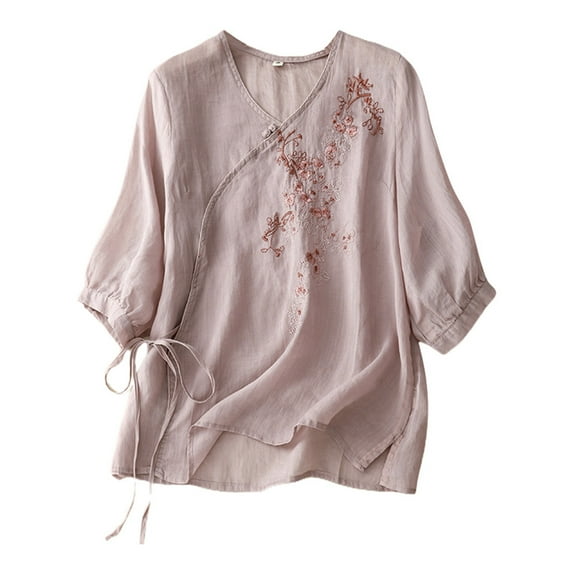 Icvfdpl Women'S Summer Linen V Neck Embroidered T Shirt Vintage Asymmetrical Placket Pullover Thin Loose Fit Blouse With Short Sleeves