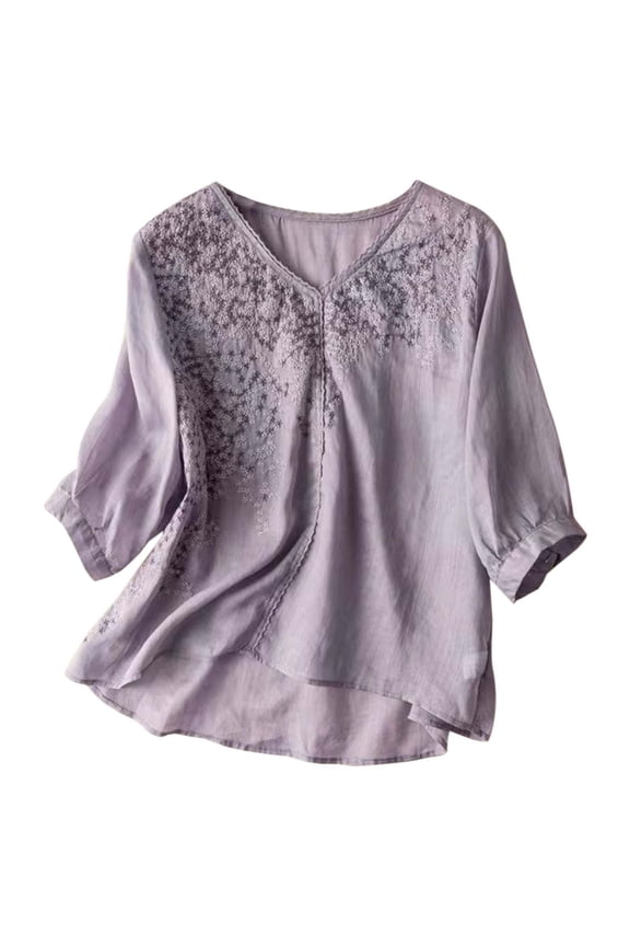 Women'S T Shirts Breathable Fast Dry Summer Embroidered Lace Trim Boho Loose Fit Comfy Cotton Linen Tunic Blouse Half Sleeve Tee Shirt Resistant Pilling Free Woman Tshirt