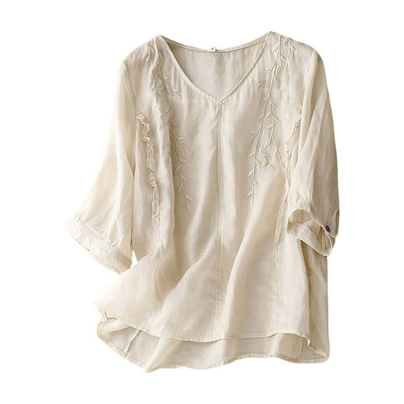Icvfdpl Women'S T Shirts Cotton Linen Round Neck Boxy Top Patchwork Blouses