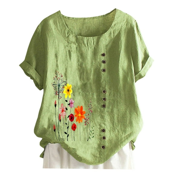 Icvfdpl Women'S T Shirts Pullover Round Neck Vintage Cotton And Linen Print Loose Short Sleeve Blouse Top