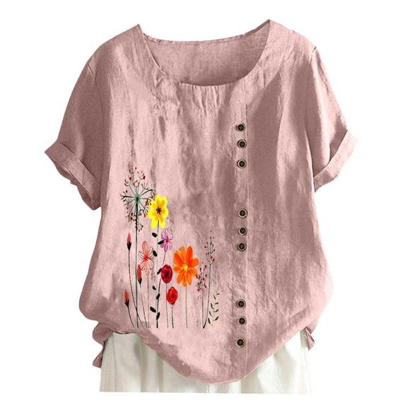 Icvfdpl Women'S T Shirts Pullover Round Neck Vintage Cotton And Linen Print Loose Short Sleeve Blouse Top
