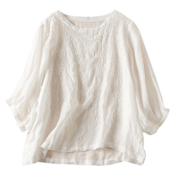 Icvfdpl Women'S T Shirts Vintage Literary Boho Loose Fit Solid Color Embroidered 3 Of 4 Sleeve Top Casual Cotton Linen Round Neck Tunic Blouse