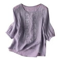 thumbnail image 1 of Icvfdpl Women'S Tops Vintage Hollow Out Breathable Solid Color Cotton And Linen Short Sleeve T Shirt, 1 of 3