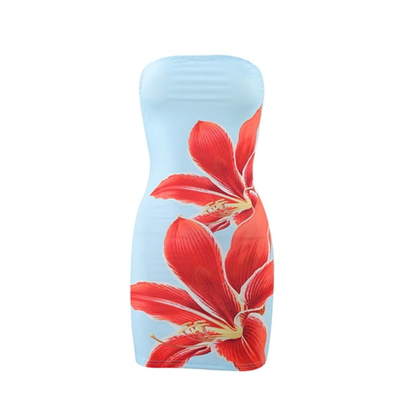 Icvfdpl Women's Formal Dresses Floral Print Strapless Bodycon Mini Sexy Slim Fit Clubwear Outfit Wedding Guest Dress