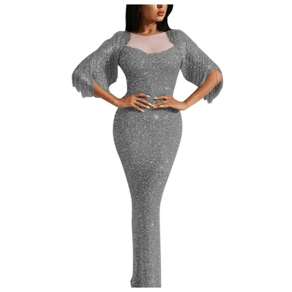 Icvfdpl Women's Formal Dresses New Solid Color V-Neck Sexy Sequined Lace Mesh Stitching Hem Slit Wedding Guest Dress