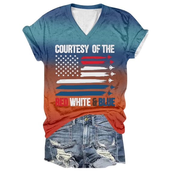 Icvfdpl Womens Country Music Shirts V Neck Vintage Flag Print Tees Western Tshirt Patriotic Tops Trendy Female Outwear