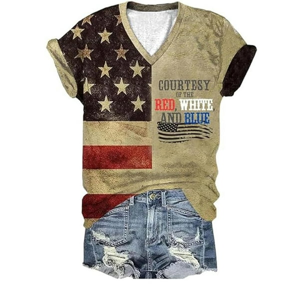 Icvfdpl Womens Country Music Shirts V Neck Vintage Flag Print Tees Western Tshirt Patriotic Tops Trendy Female Outwear