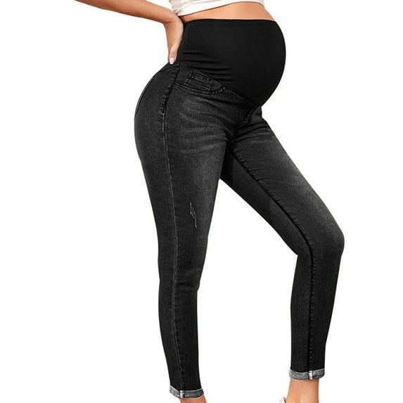 Icvfdpl Womens Jeans Maternity Jeggings Full Panel Pull On Ripped Distressed Stretchy Skinny Trouser Work Casual Denim Pants Leisure Woman Clothing Black Xl