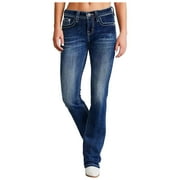 Icvfdpl Womens Jeans Mid Waisted Slim Flared Bootcut Mid Rise Insta Stretch Juniors With Patch Pockets Work Casual Denim Pants Trendy Woman Outwear Blue L