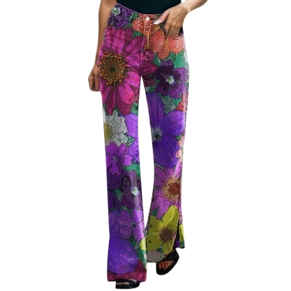 Icvfdpl Womens Summer Pants 2024 Fashionable Comfortable Floral Print Split Hem Denim Work Casual Trousers Woman Oceanside Clothing