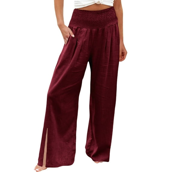 Icvfdpl Womens Summer Pants 2024 High Waist Palazzo Prints For Smocked Elastic Waisted Loose Comfy Split Pajama With Pockets Work Casual Wide Leg Trousers Female Stretch Clothing