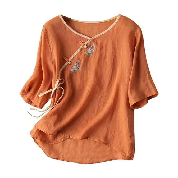 Icvfdpl Womens Tops Fashion Casual Cotton And Linen Embroidery V Neck 3 Of 4 Sleeve Comfortable Loose T Shirt
