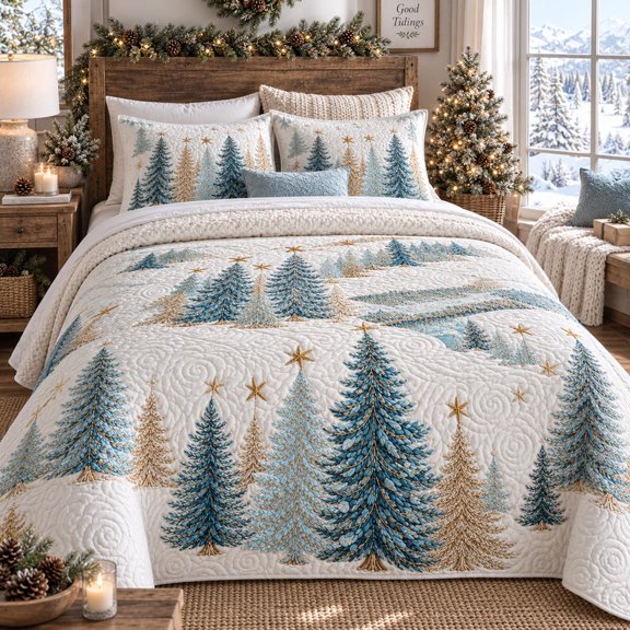 Icy Blue Christmas Pines 3-Piece Quilted Bedding Set