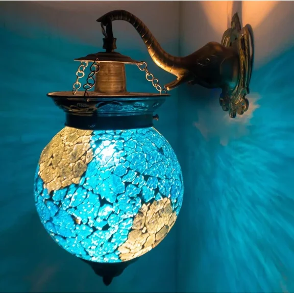 CLASSICO TRADING COMPANY Icy Blue Turkish Moroccan Mosaic Wall Hanging Bracket Light Fixture Lamp For Bedroom
