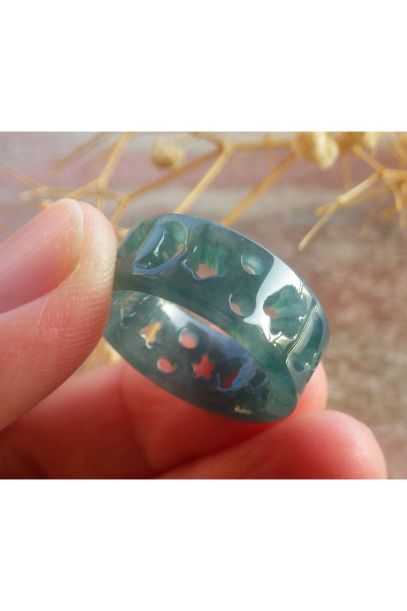 Icy Blue Water Green Natural A JADE Jadeite Ster Moon RING USA. 5.75 RING 689318 TN