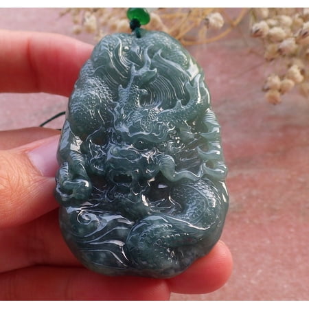 Icy Blue Water Green Natural A Jade jadeite Pendant Dragon Bead Necklace 595531 TN