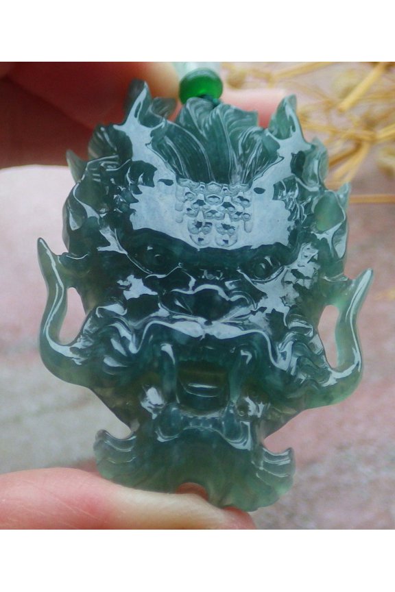 Icy Blue Water Green Natural A Jade jadeite Pendant Dragon Head Necklace 689443 TN