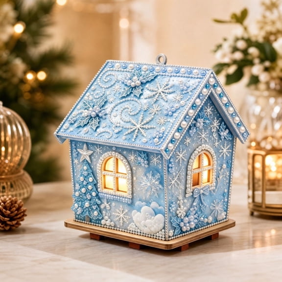 Icy Blue Winter House Pearl Painting DIY Art Kit, Wooden Hand‑Craft Ornament For Christmas Table Tree Home Holiday Decor, 1Pcs