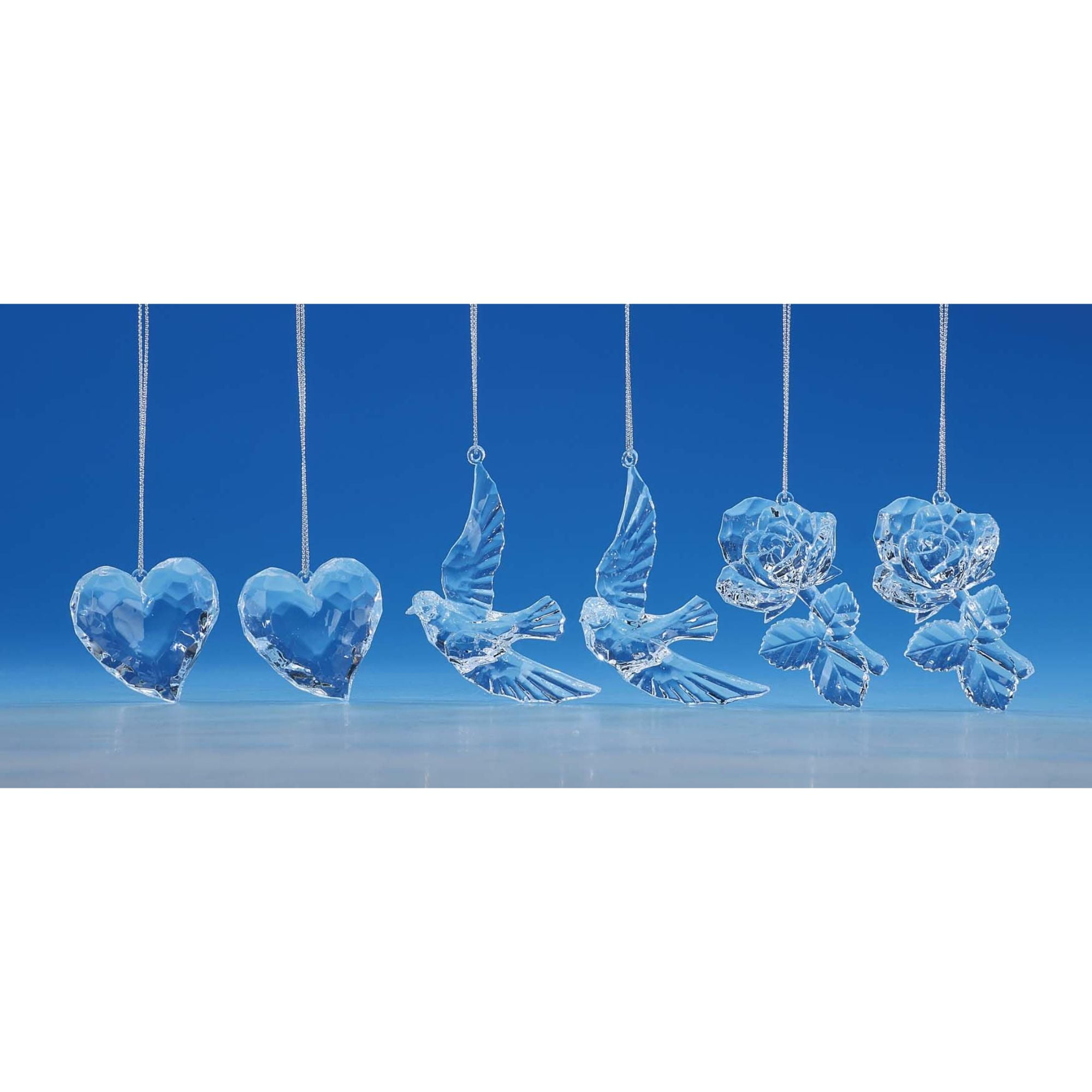 Set of 12 Clear Acrylic Heart, Rose, and Dove Hanging Ornaments