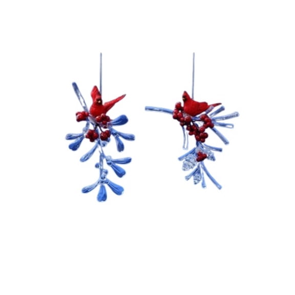 Icy Crystal Cardinal Berry Branches Christmas Ornaments - 4" - Pack of 4