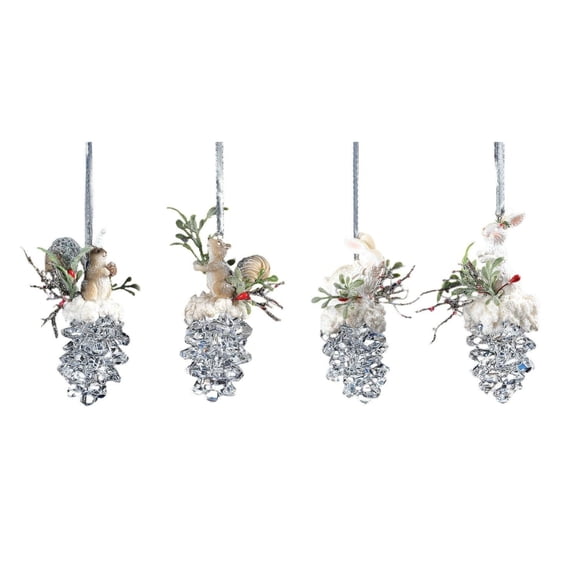 Club Pack of 16 Icy Crystal Christmas Squirrel & Rabbit Pinecone Ornaments 3.6"