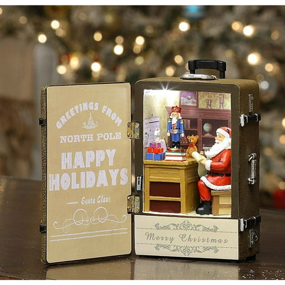 Pack of 2 Brown and Red LED Lighted Musical Suitcase Santa Tabletop Decors 8.25"