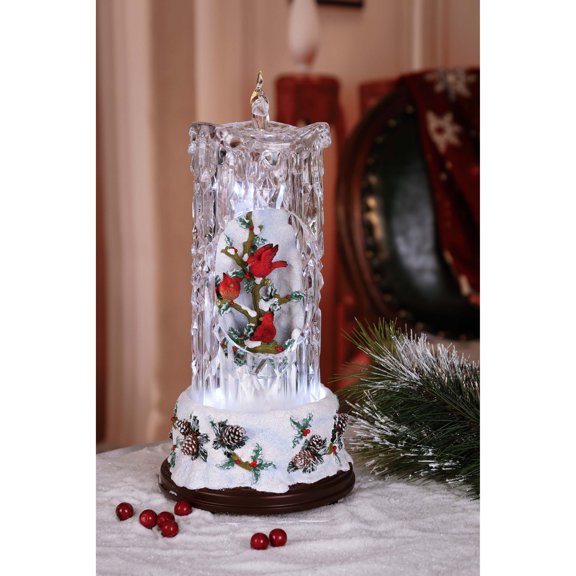 Icy Giftware Set of 2 Clear and Red Diamond Cut Candles with Cardinal Tabletop Decor 14.5"