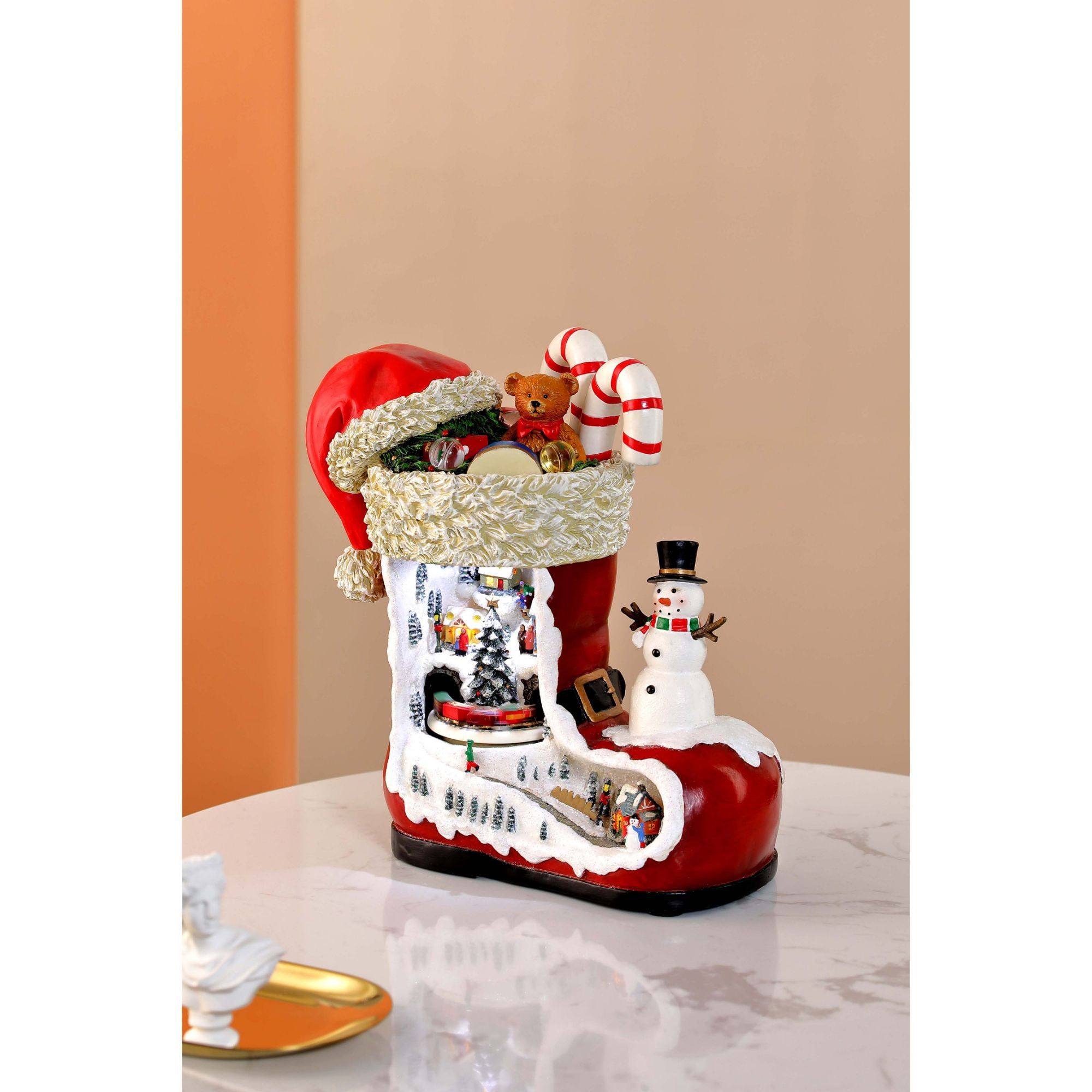 Red and White LED Christmas Stocking with Snowman and Gifts