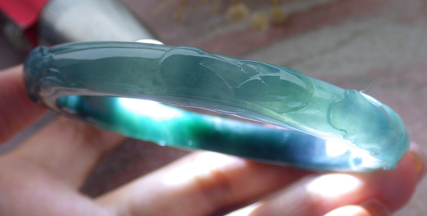 Icy Green Lavender Natural A JADE Jadeite Mandarin Duck Lotus Flower Leaf Bangle Bracelet 58 mm 683302 TN