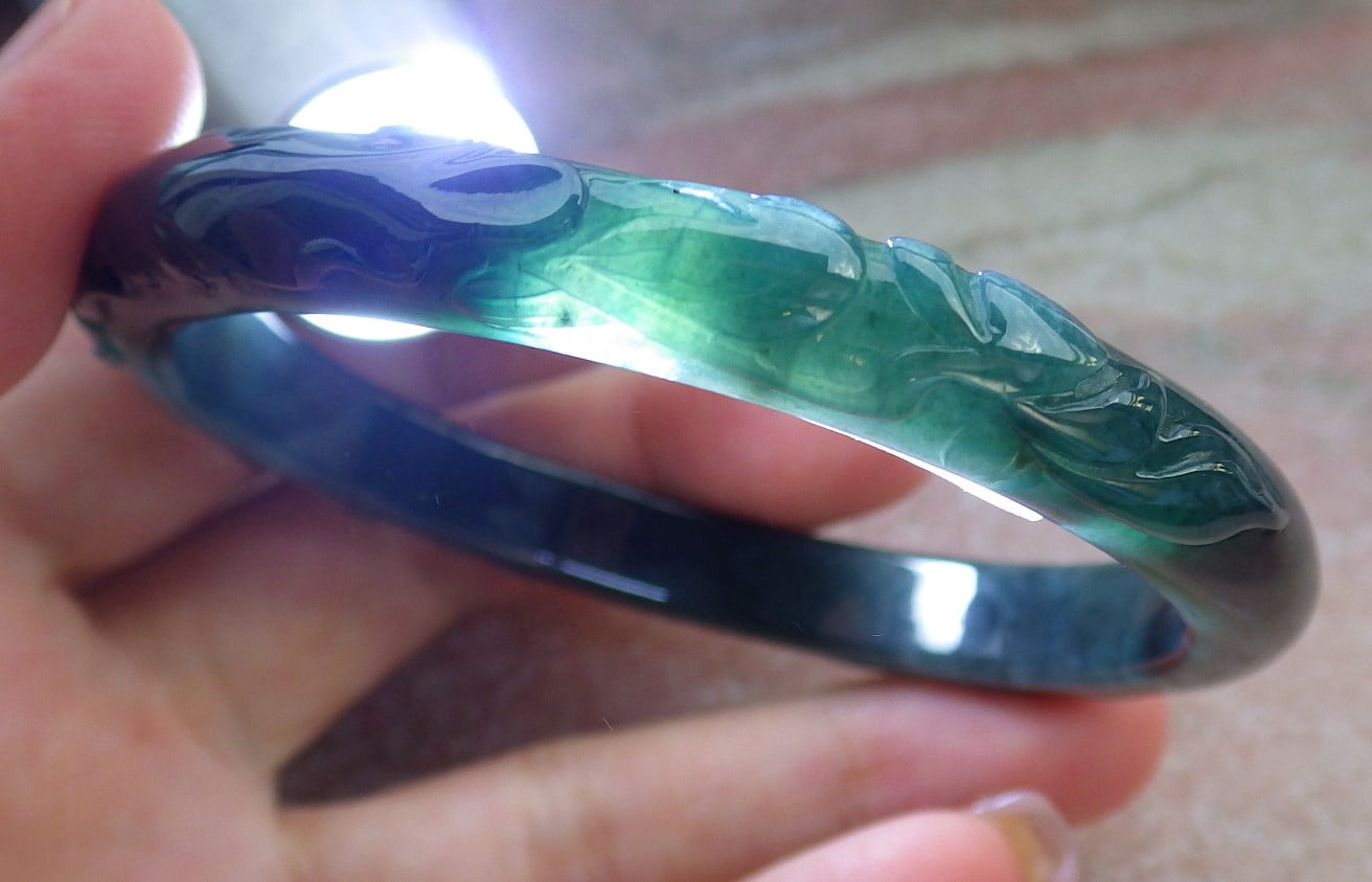 Icy Green Natural A JADE Jadeite Bird Leaf Flower Bangle Bracelet 58 mm 684011 TN