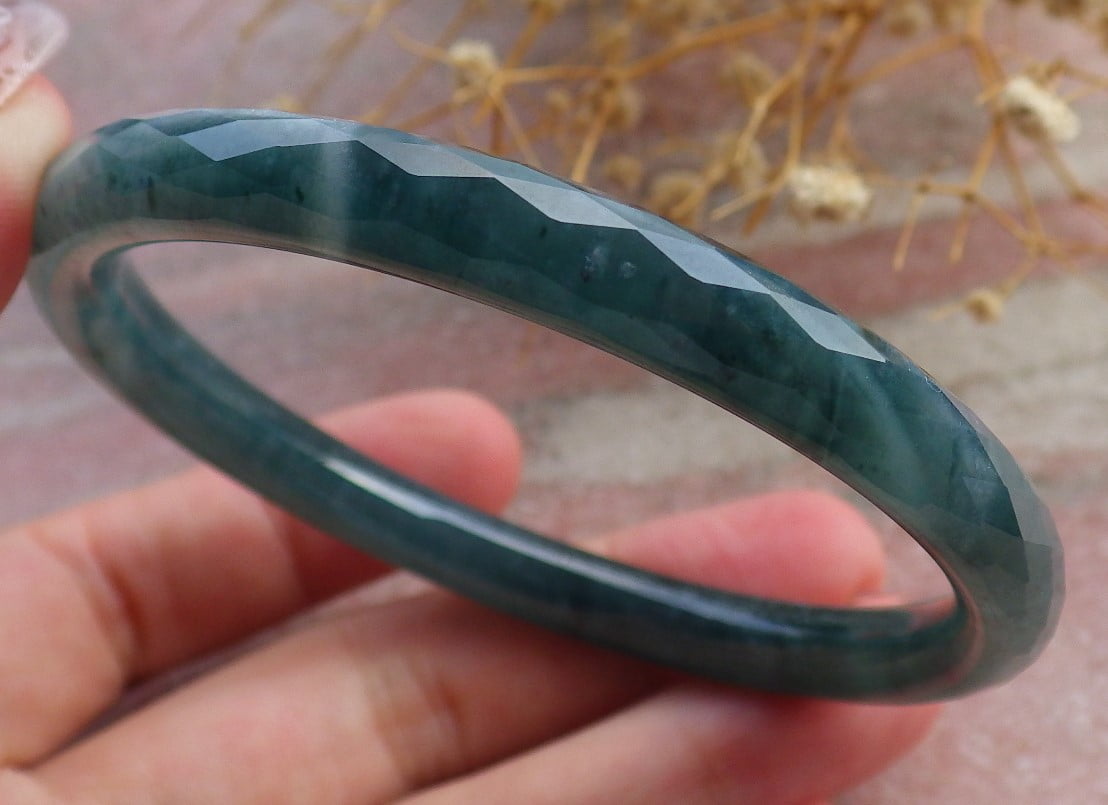 Icy Green Natural A JADE Jadeite Dia Cut Circle Bangle Bracelet 58 mm 682922 TN