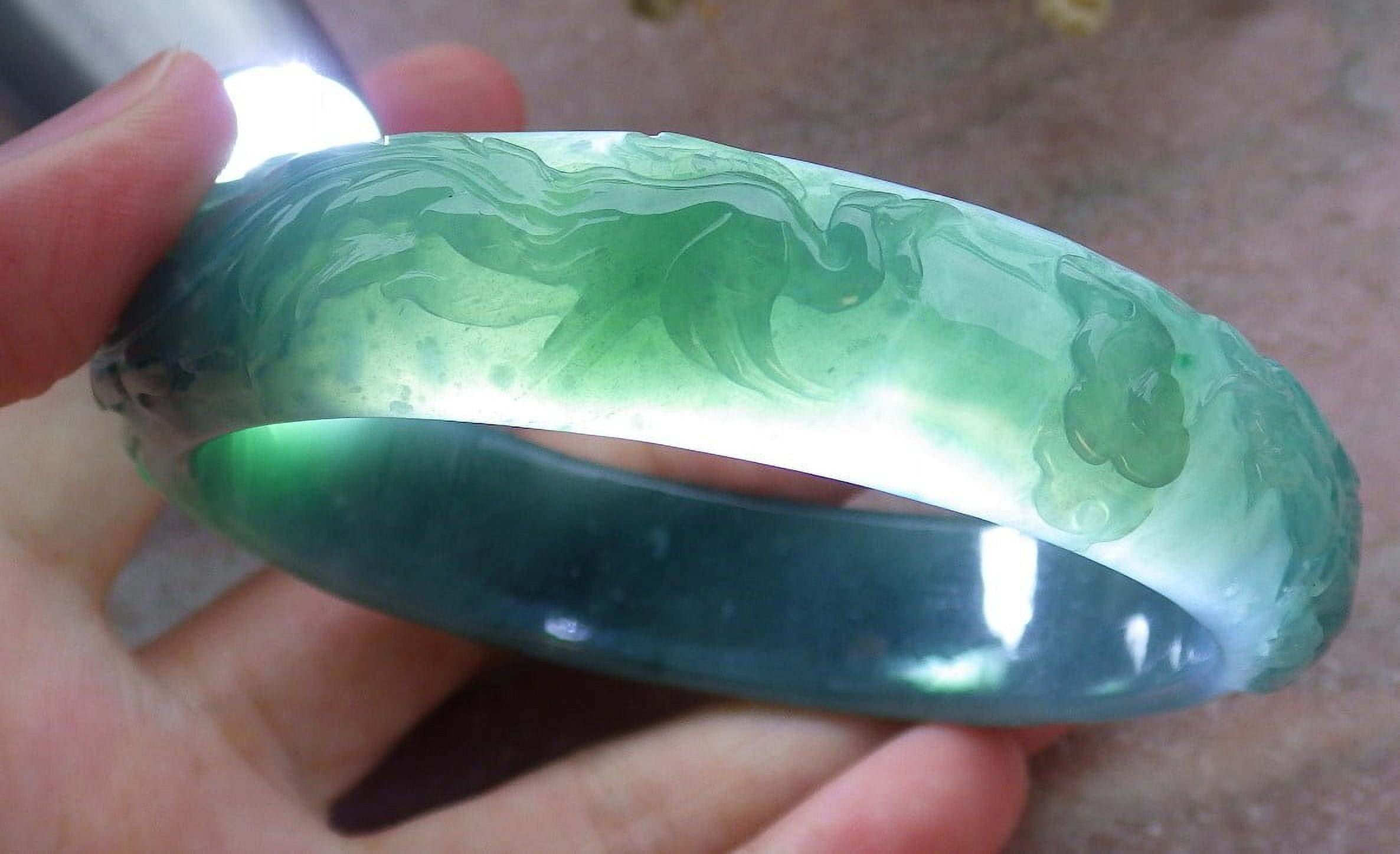 Icy Green Natural A JADE Jadeite Dragon Phoenix Bangle Bracelet 65 mm 679500 TN
