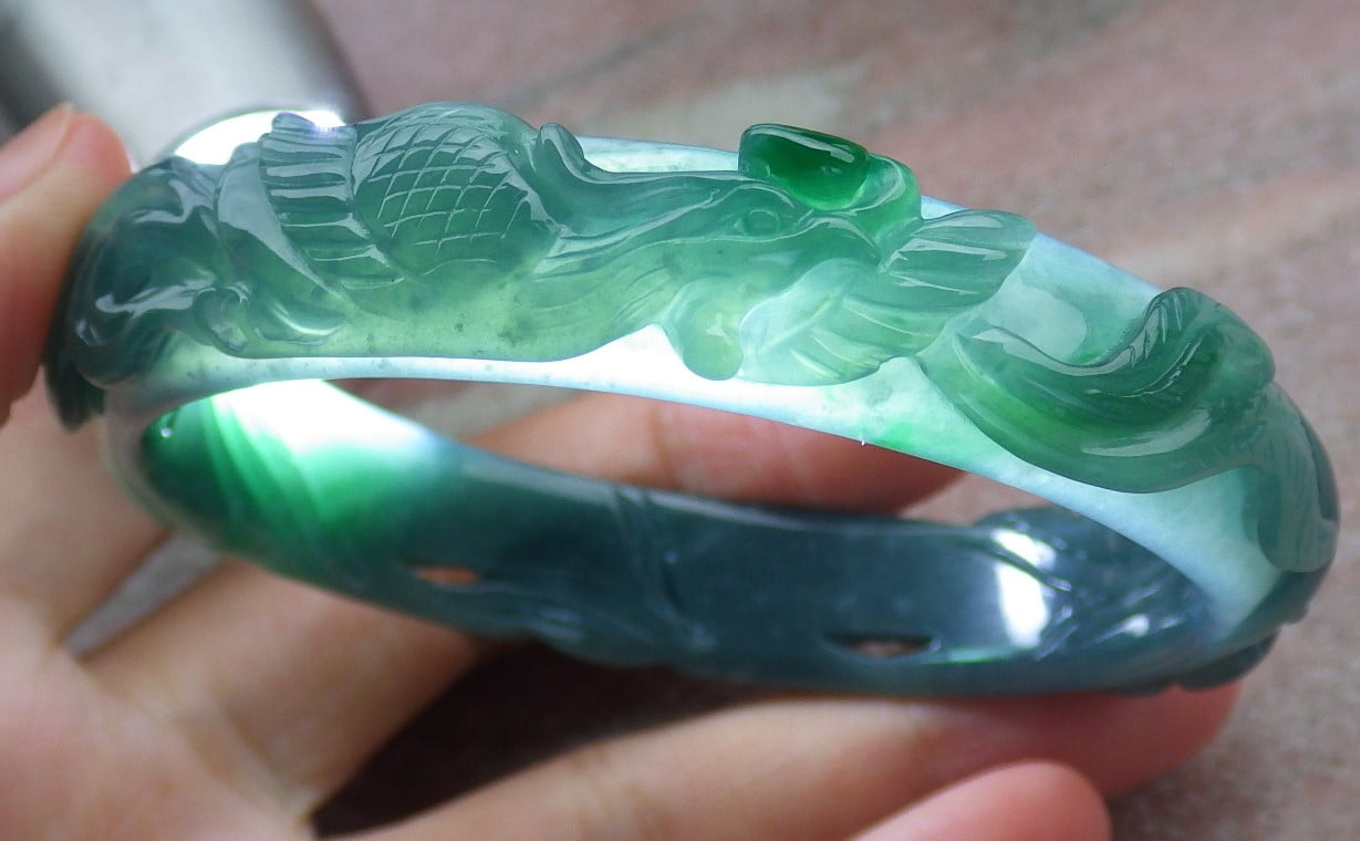 Icy Green Natural A JADE Jadeite Phoenix Flower Ruyi Bangle Bracelet 59 mm 680216 TN