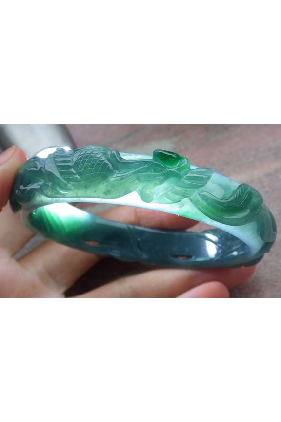 Icy Green Natural A JADE Jadeite Phoenix Flower Ruyi Bangle Bracelet 59 mm 680216 TN