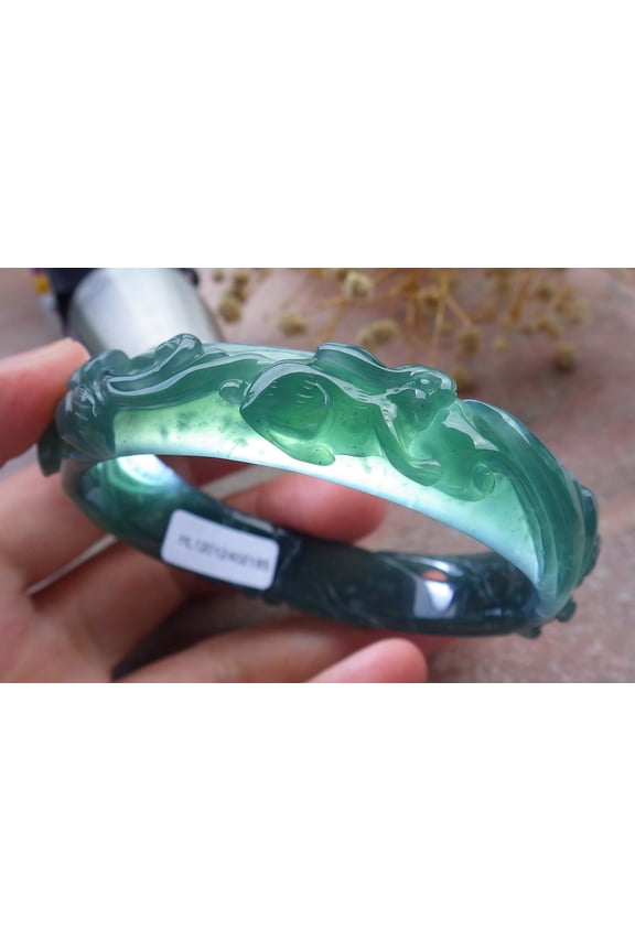 Icy Green Natural A JADE Jadeite Rabbit Flower Bangle Bracelet 59 mm 680115 TN