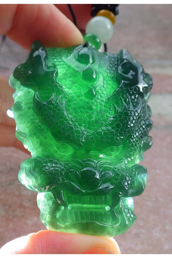 Icy Green Natural A Jade jadeite Pendant Dragon Head Necklace 683592 TN