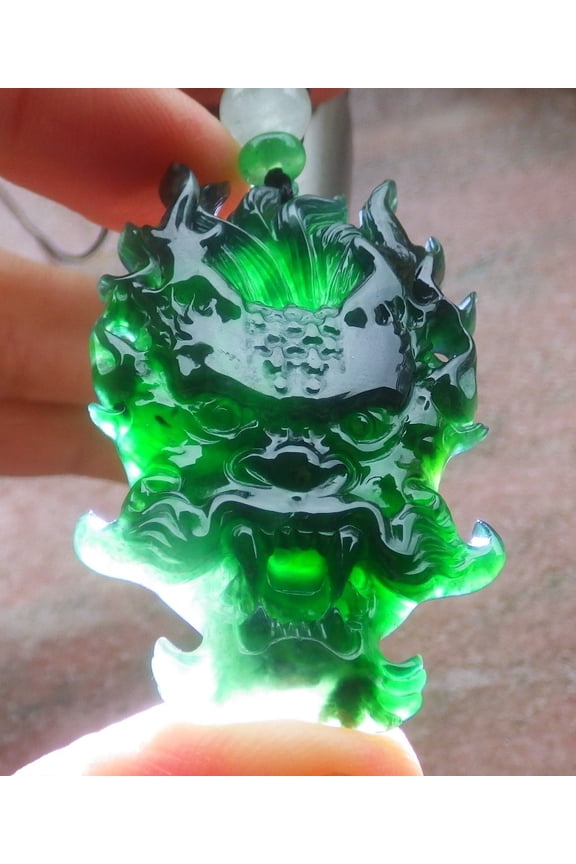 Icy Green Natural A Jade jadeite Pendant Dragon Head Necklace 695072 TN