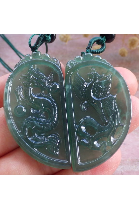 Icy Green Natural A Jade jadeite Pendant Dragon Phoenix Heart Necklace 678225 TN