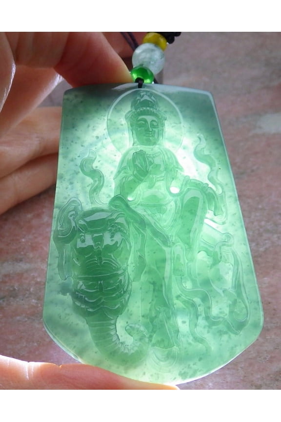 Icy Green Natural A Jade jadeite Pendant Guanyin Kwan Yin Elephant Lotus Flower Necklace 686939 TN