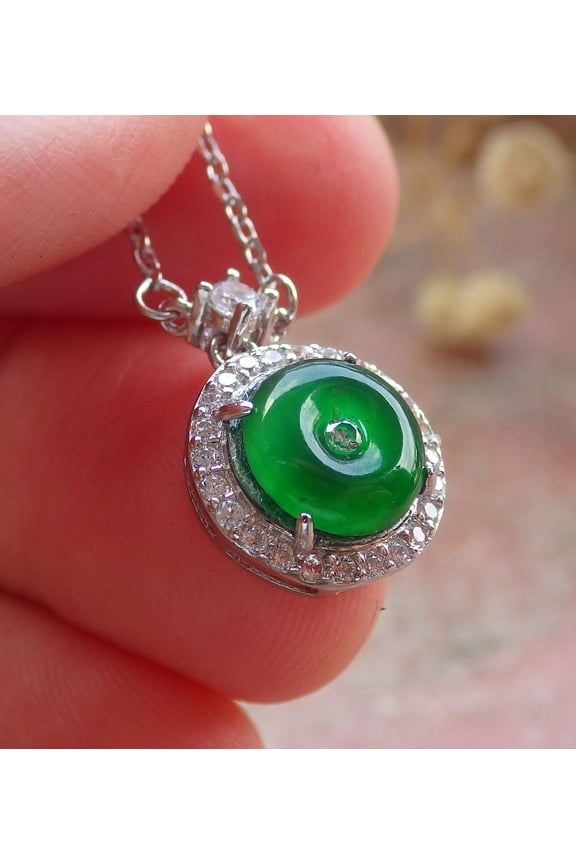 Icy Green Silver 925 Certified BURMA 100% Natural A JADE Jadeite pendant Circle Necklace 673881 TN