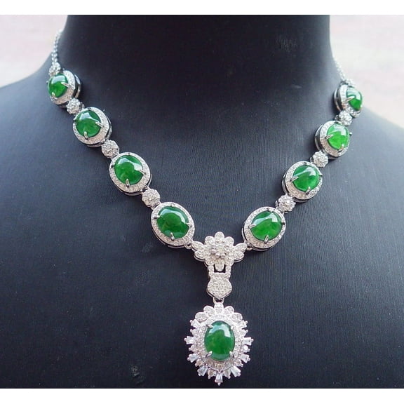 Icy Green Silver 925 Certified Burma 100% Natural A JADE Jadeite pendant Cabochon Flower Necklace 668111 TN