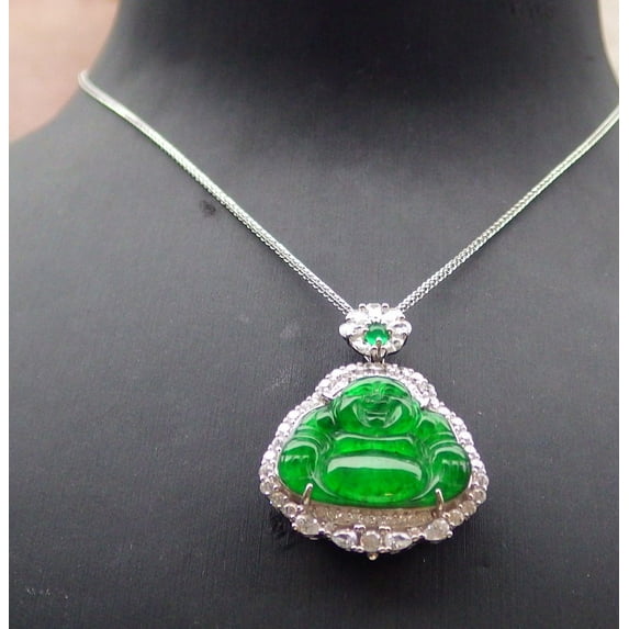 Icy Green Silver 925 Certified Burma 100% Natural A JADE Jadeite pendant Happy Buddha God Necklace 659450 TN