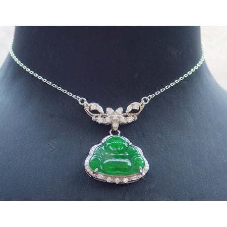 Icy Green Silver 925 Certified Burma 100% Natural A JADE Jadeite pendant Happy Buddha God Necklace 668265 TN