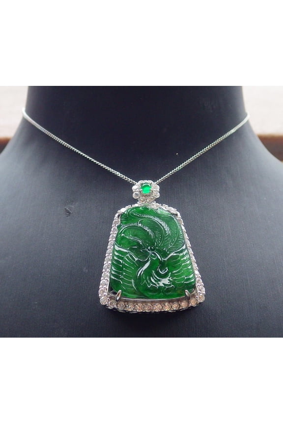 Icy Green Silver 925 Certified Burma 100% Natural A JADE Jadeite pendant Phoenix Necklace 666311 TN
