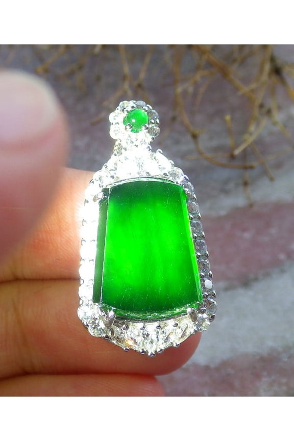 Icy Green Silver 925 Certified Burma 100% Natural A JADE Jadeite pendant Rectangle Necklace 668192 TN